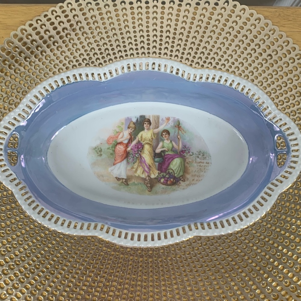 Vintage Bavaria Schumann Oval Serving Bowl 11.5” 3 Women Goddesses Open Edge